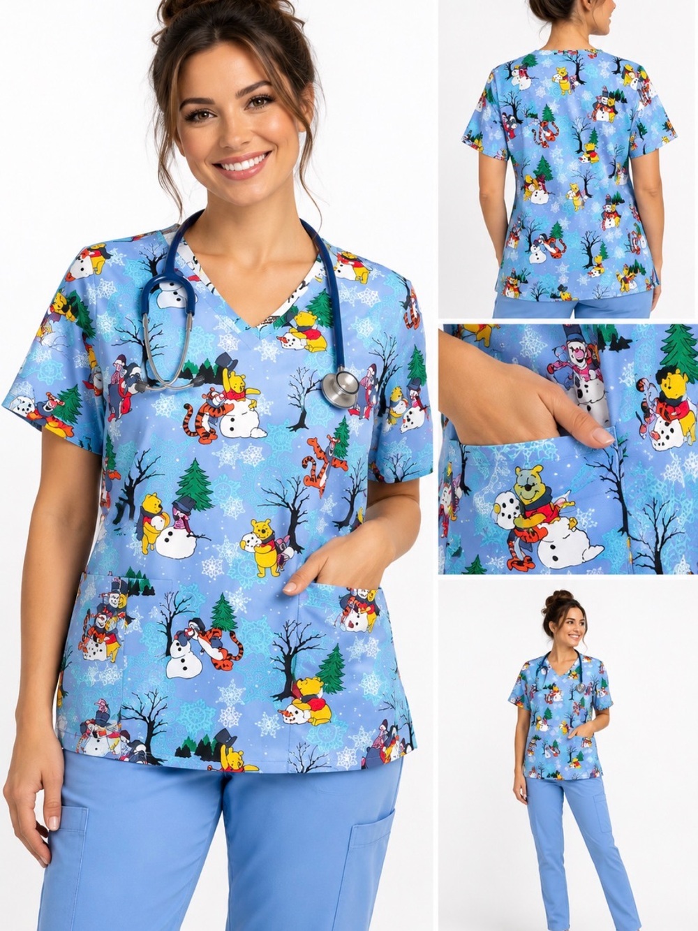Disney Light Blue Winnie the Pooh Holiday V‑Neck Scrub Top